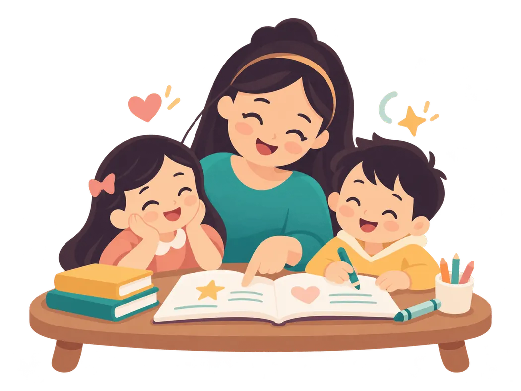 Ilustrasi ibu menemani dua anak membaca dan belajar bersama di rumah