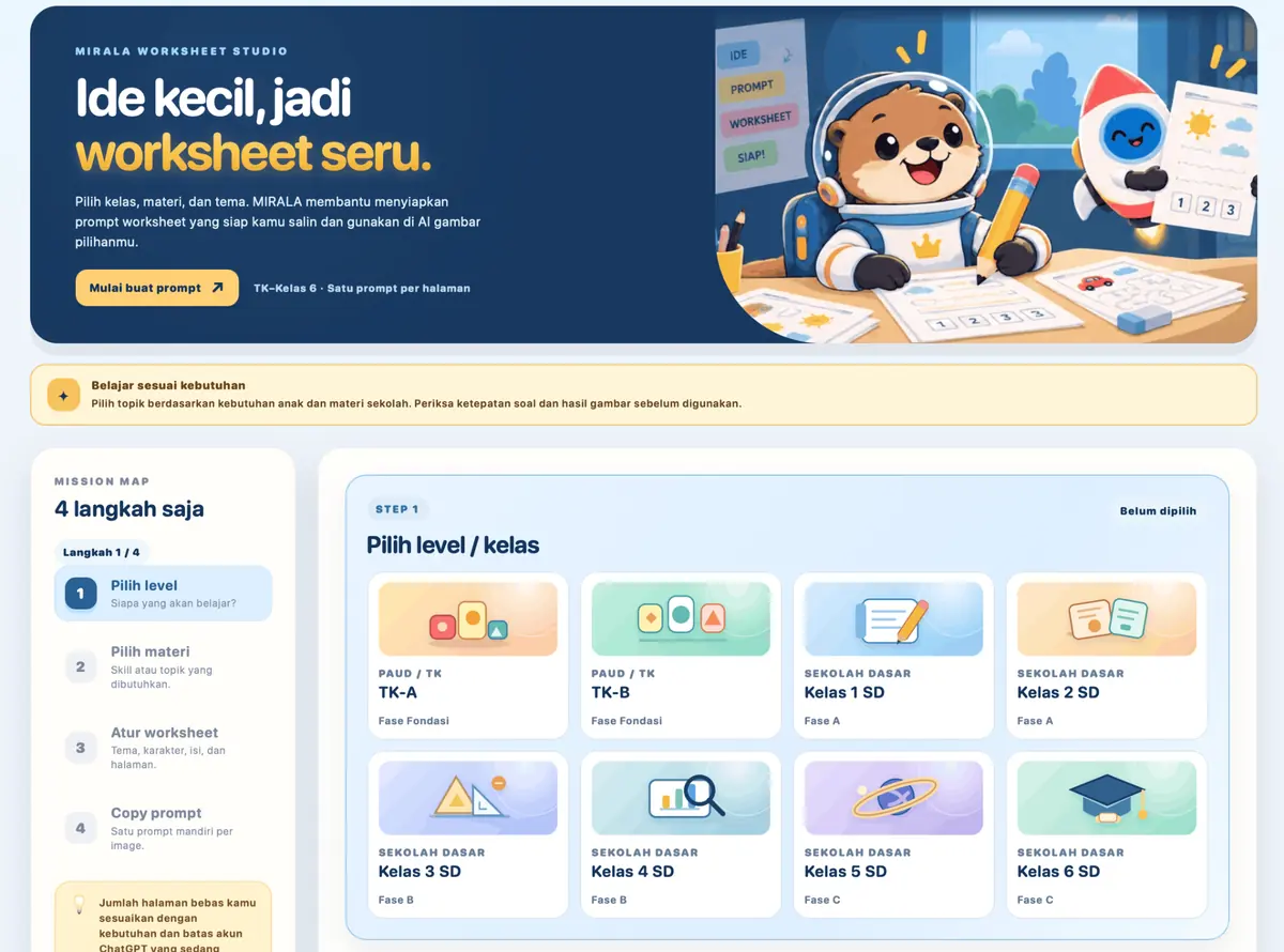 Screenshot asli halaman utama MIRALA Worksheet Studio, berisi pilihan level TK-A hingga Kelas 6 SD